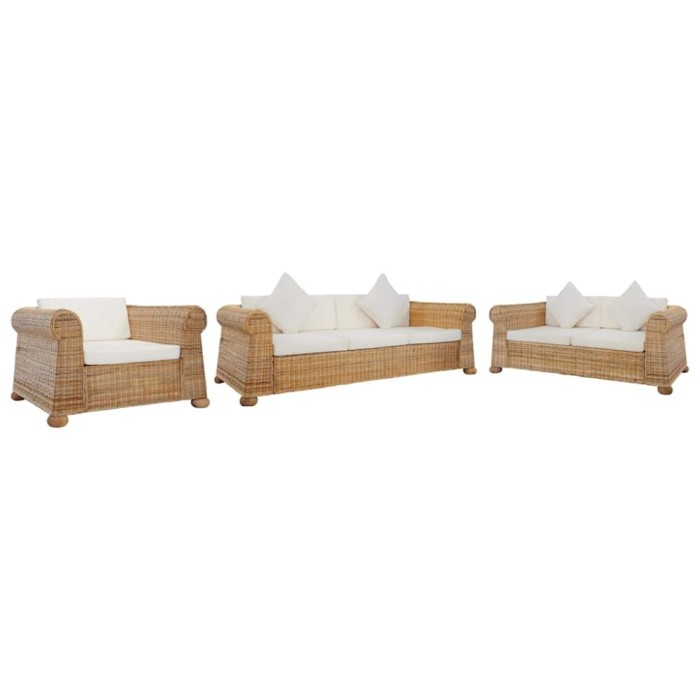 Set de canapele cu perne, 3 piese, natural, ratan