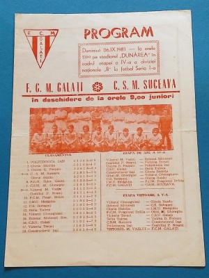 Program meci fotbal FCM GALATI - CSM SUCEAVA (06.09.1981) foto