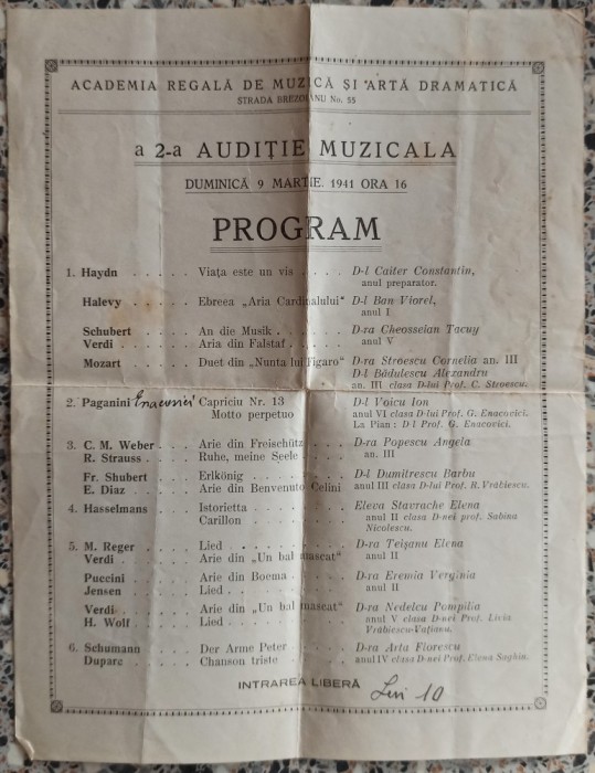 Program Academia Regala de Muzica si Arta Dramatica 1941