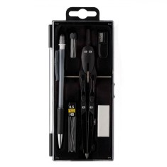 Set Instrumente Geometrie, 6 Piese, Compas Metalic cu Rotită, Creion Mecanic, Negru