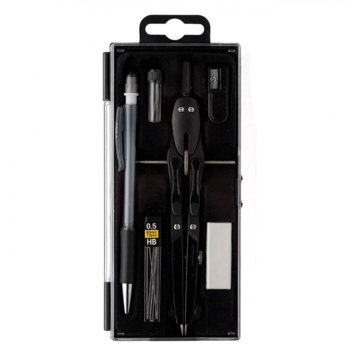 Set Instrumente Geometrie, 6 Piese, Compas Metalic cu Rotită, Creion Mecanic, Negru