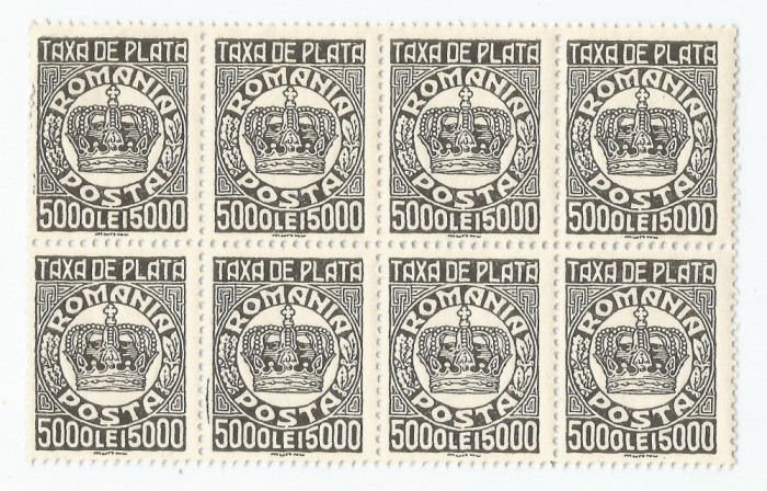 |Romania, LP IV.21/1947, Taxa de pata &quot;coroana&quot;, 5000 lei, bloc de 8 timbre, MNH
