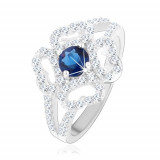 Inel - din argint 925, brațe despărțite, contur transparent de floare, zirconiu albastru - Marime inel: 55