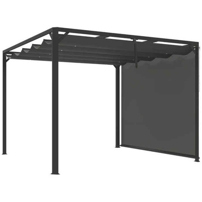Pergola pentru gradina/terasa, retractabila, cu perete paravan, cadru aluminiu, gri inchis, 3x3x2.27 m