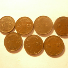 7 monede 1 pfennig Germania Reich 1924A 1925A 1929A 1933A 1935F 1936A si F ,cupr