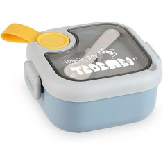 Caserola pentru copii eMazing, lunch box, 750 ml, doua boluri, lingura, foarfeca din plastic, rezistenta la scurgeri, Albastra