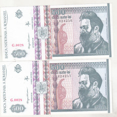 bnk bn Romania 500 lei 1992 unc x2 serii consecutive