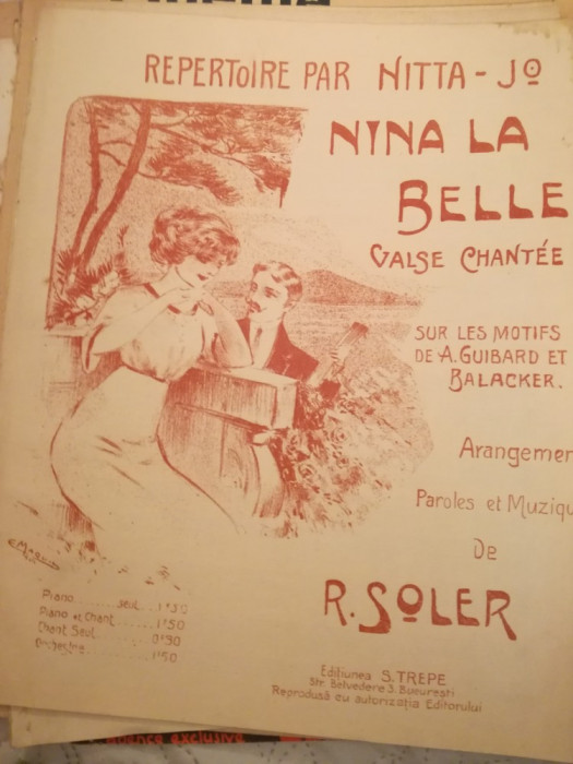 partitura interbelic Nina la Belle, valse chantee, parole et musique R. Soler