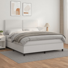 vidaXL Pat box spring cu saltea, alb, 180x200 cm, piele ecologică