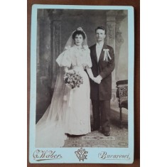 Fotografie pe carton, mire si mireasa, inceput de secol XX