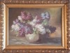 Aurel ŢARĂ (sec. XX)-Vas cu flori de liliac, ramă superbă de autor, pictură veche, Ulei, Impresionism