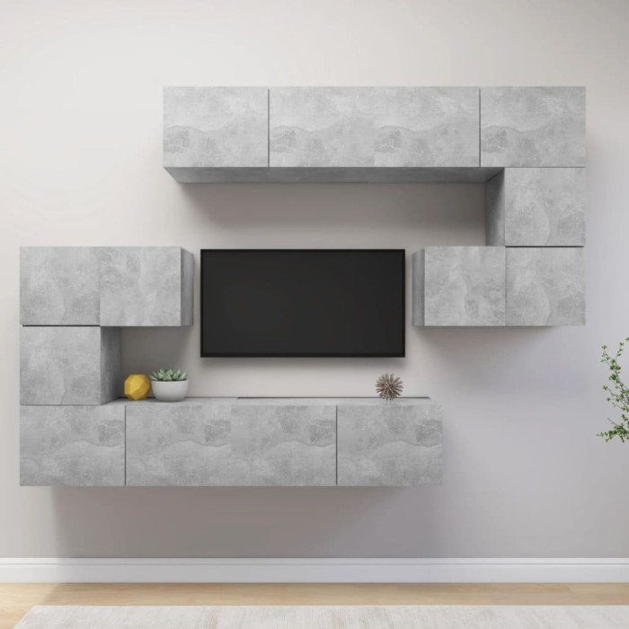 Set de dulapuri TV, 8 piese, gri beton, lemn prelucrat