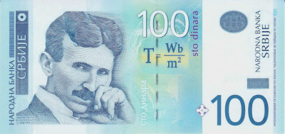 Bancnota Serbia 100 Dinari 2013 - P57b UNC ( Nikola Tesla ) foto