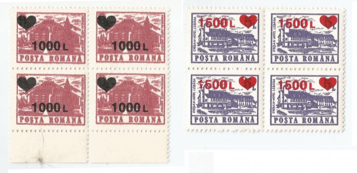 Romania, LP 1457/1998, Hoteluri si cabane, supr. &quot;inimioara&quot;, bloc, eroare, MNH