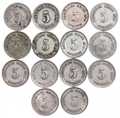 GERMANIA -5 PFENNIG - LOT 14 BUCATI - ANI DIFERITI, MONETARII DIFERITE