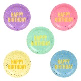 Farfurii de petrecere carton pastelate folie aurie Happy Birthday, CMCLASS