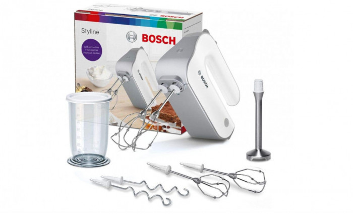 Mixer de mana Bosch Styline MFQ4075DE, 5 trepte plus nivel turbo, 550W, alb argintiu - RESIGILAT