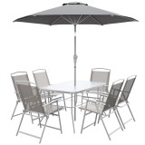 Outsunny Set de Grădină cu Masă, 6 Scaune Pliante și Umbrelă de Soare cu Manivelă, Lounge &icirc;n Aer Liber din 8 Piese, 130x80x71 cm, Gri