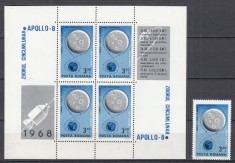 ROMANIA 1969 LP 692 LP 692 a COSMOS I &rdquo;APOLLO 8&rdquo; SERIE SI BLOC DE 4 TIMBRE CU 4 VINIETE DIFERITE MNH