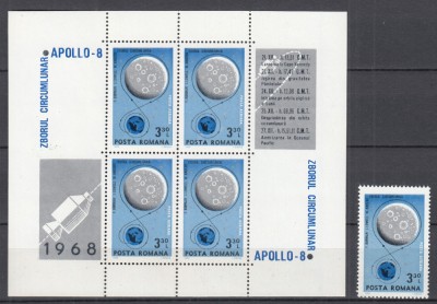 ROMANIA 1969 LP 692 LP 692 a COSMOS I &amp;rdquo;APOLLO 8&amp;rdquo; SERIE SI BLOC DE 4 TIMBRE CU 4 VINIETE DIFERITE MNH foto