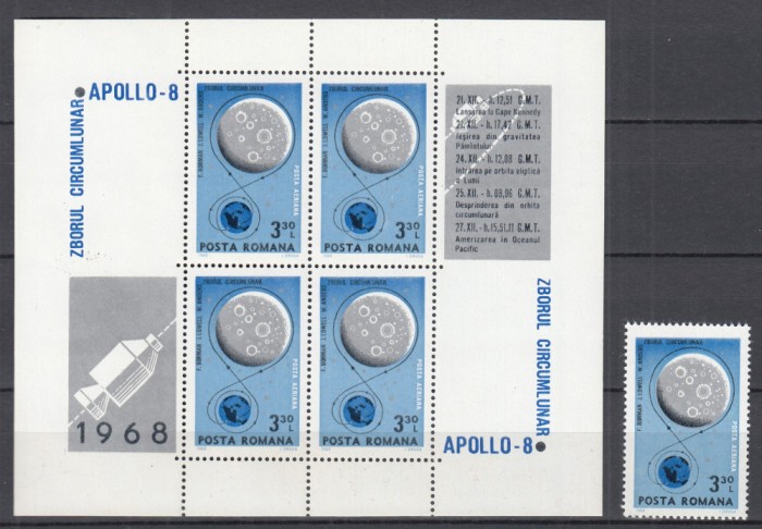 ROMANIA 1969 LP 692 LP 692 a COSMOS I &rdquo;APOLLO 8&rdquo; SERIE SI BLOC DE 4 TIMBRE CU 4 VINIETE DIFERITE MNH