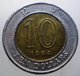 Hong Kong 10 Dolari 1994 Bimetal Elizabeth II KM#70, 24mm, Nichel-Alama, Cupru-Nichel, Moneda Straina