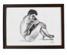 Tablou inramat desen original in creion barbat nud marime A4 foto