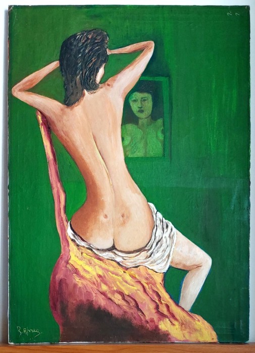 Nud in oglinda - arta naiva, pictura in acrilic pe panza cu sasiu, tablou semnat 50 x 70 cm