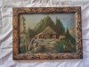 Tablou vechi ulei pe carton - peisaj cu moara de apa - 34x25 cm, Natura, Realism