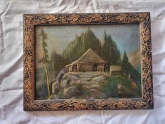 Tablou vechi ulei pe carton - peisaj cu moara de apa - 34x25 cm