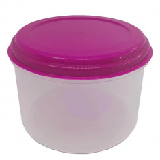 Cutie Alimente Inalta Rotunda, 2 L, Recipient Incolor, Capac Roz, Recipient pentru Mancare, Cutii Alimentare din Plastic, Caserola Plastic Transparent