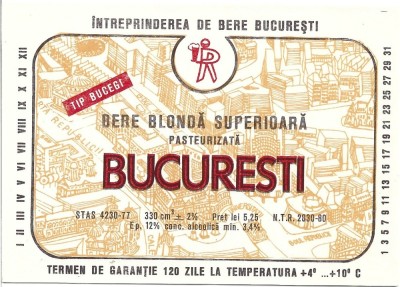 NI473 Etichetă bere blondă superioară pasteurizată București, &amp;Icirc;ntreprinderea de bere București foto