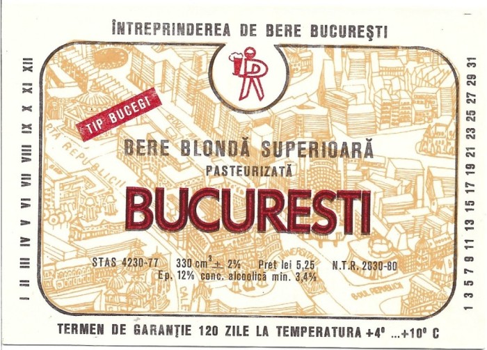 NI473 Etichetă bere blondă superioară pasteurizată București, &Icirc;ntreprinderea de bere București