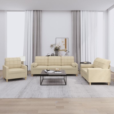 vidaXL Set de canapele cu perne, 3 piese, crem, textil 3201260 foto