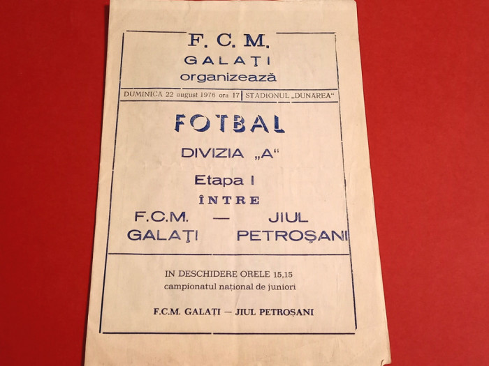 Program meci fotbal FCM GALATI - JIUL PETROSANI (22.08.1976)