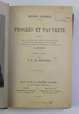 PROGRES ET PAUVRETE par P.- L. LE MONNIER , 1925 foto