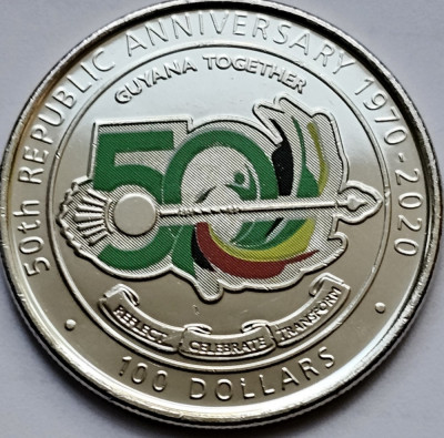 100 Dollars 2020 Guyana, 50 Years of the Republic, unc foto