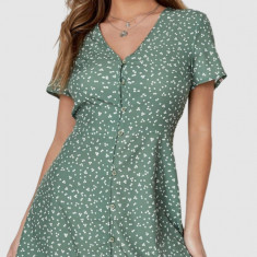 Rochie mini de primavara vara cu nasturi, maneca scurta si imprimeu cu buline, din material lejer, verde, S