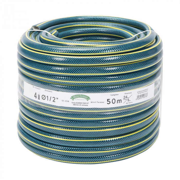 Furtun de gradina cu insertie Micul Fermier Bluebos Plus, 1/2 inch, 50 metri, 4 straturi, clasa 3