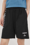 Cumpara ieftin Superdry pantaloni scurti din bumbac femei, culoarea negru, cu imprimeu, high waist