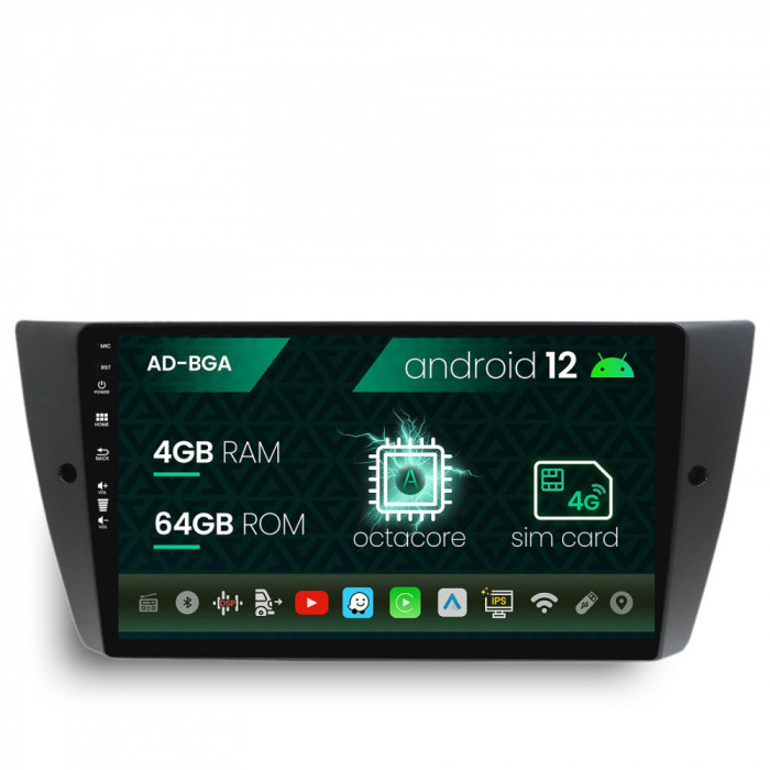 Navigatie BMW Seria 3 E90, E91, E92, Android 12, A-Octacore 4GB RAM + 64GB ROM, 9 Inch - AD-BGA9004+AD-BGRKIT391