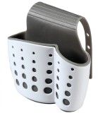 Suport burete si perie vase, plastic, curea agatatoare robinet reglabila, silicon, cu scurgere, alb/gri FMD472