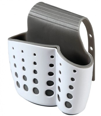 Suport burete si perie vase, plastic, curea agatatoare robinet reglabila, silicon, cu scurgere, alb/gri FMD472 foto