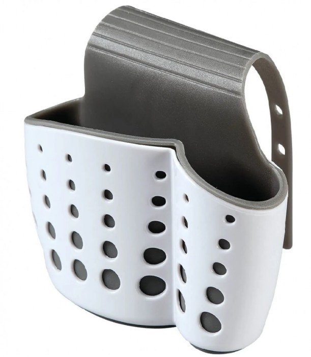 Suport burete si perie vase, plastic, curea agatatoare robinet reglabila, silicon, cu scurgere, alb/gri FMD472