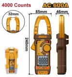 Clampmetru Digital Profesional AC 600A INGCO DCM66001, TRMS 4000 counts, 600V, NCV, LowZ, frecventa 4MHz, Data Hold, lanterna