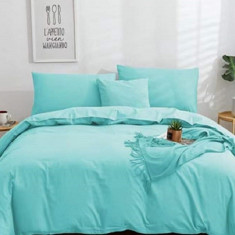 Lenjerie de pat pentru o persoana cu husa elastic pat si fata perna dreptunghiulara, Crystal, bumbac ranforce, gramaj tesatura 120 g/mp, Turquoise