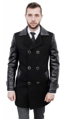 Palton barbati slim negru cu maneci din piele foto