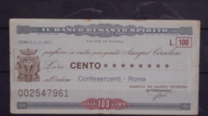 ITALIA - BILET BANCAR 100 LIRE - BANCO DI SANTO SPIRITO - ROMA,1977- NECIRCULAT