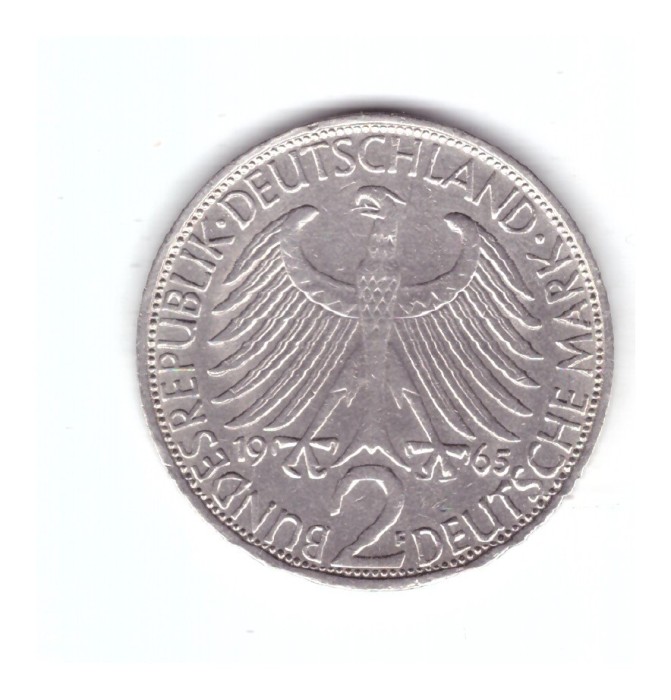 Moneda Germania 2 mark/marci 1965 F, Max Planck, stare buna, curata