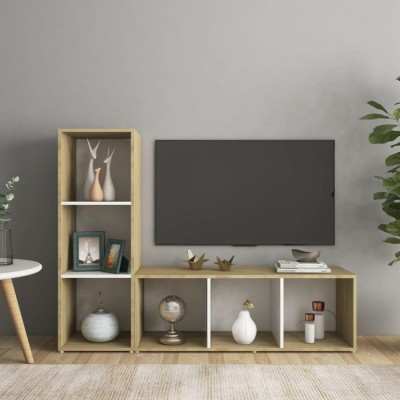 Dulapuri TV 2 buc alb/stejar sonoma 107x35x37 cm lemn prelucrat foto